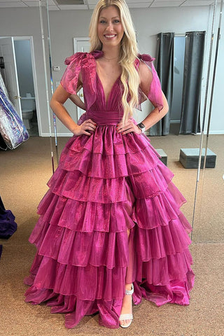 Fuchsia V Neck Ruffle Tiered Long Prom Dress VL012605