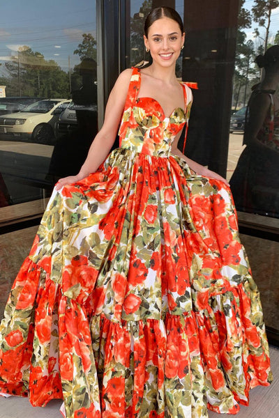 Floral Printed Satin Sweetheart Long Prom Dresses VL022804