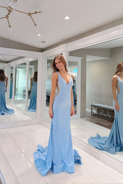 Mermaid V Neck Satin Prom Dress with Beading VL2607