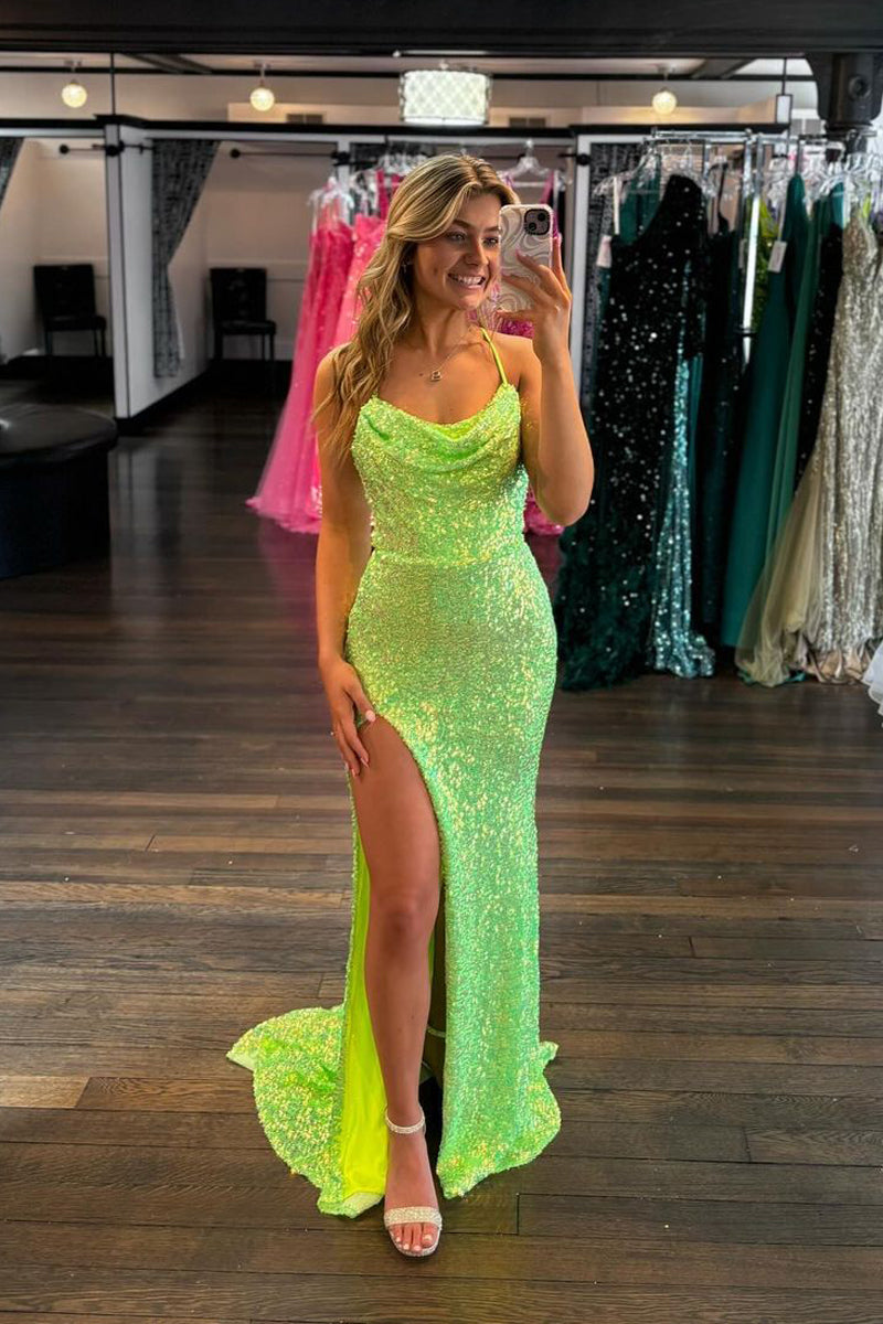 Charmimg Mermaid Cowl Neck Green Sequins Long Prom Dresses with Slit VL4070305