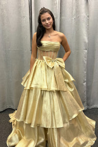 Gorgeous Ball Gown Gold Organza Tiered Long Prom Dresses with Bow VL24120902