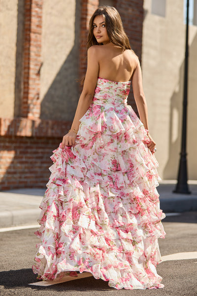 A Line Sweetheart Keyhole Pink Floral Chiffon Tiered Prom Dress with Bow VL25122104