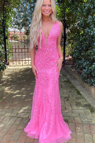 Cute Mermaid Deep V Neck Pink Lace Long Prom Dress with Beading VL122217