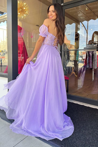 A Line Sweetheart Lilac Chiffon Long Prom Dress with Appliques VL011316