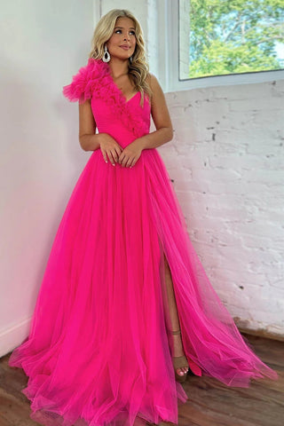 Hot Pink A-Line One Shoulder Long Tulle Prom Dress With Slit VL011901