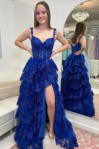 Royal Blue Off the Shoulder Corset Prom Dress with Lace Ruffles VL011914