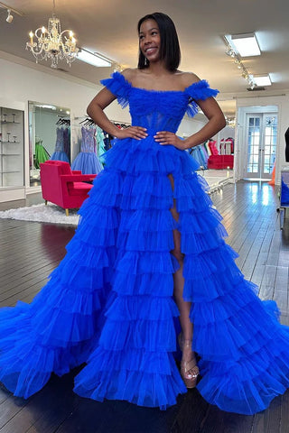 Royal Blue Off the Shoulder Tulle Long Prom Dresses with Slit VL013001