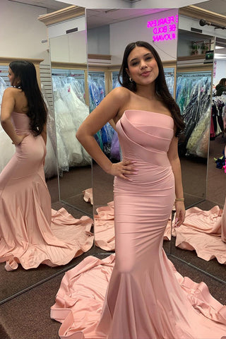 Mermaid Strapless Pink Satin Long Prom Dresses VL022905