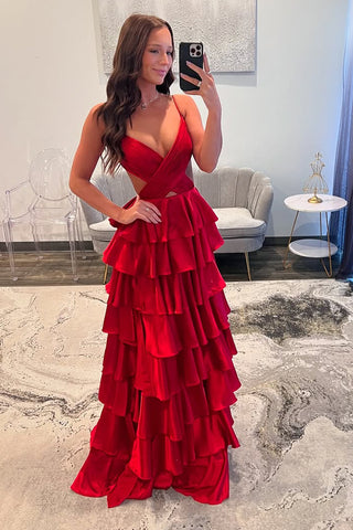 Cute A Line V Neck Red Satin Tiered Slit Prom Dress VL24121809