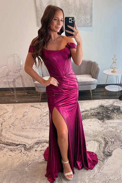 Fashion Mermaid Off the Shoulder Fuchsia Satin Slit Prom Dress VL24120911