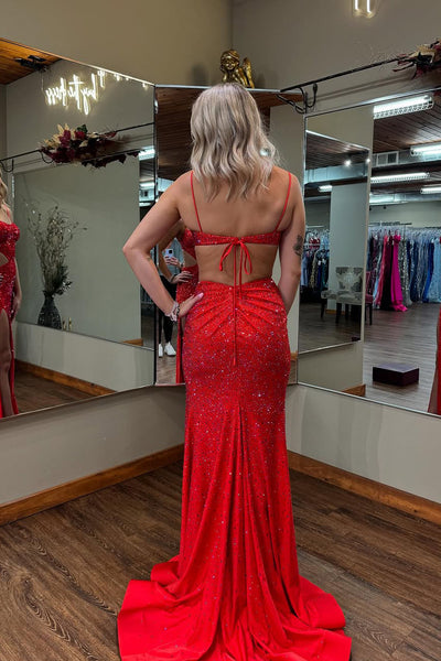 Cute Mermaid Straps Red Satin Long Prom Dress with Hot Stone Beading VL24120605