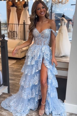 Princess A Line Off the Shoulder Blue Corset Prom Dress with Lace Ruffles VL011202