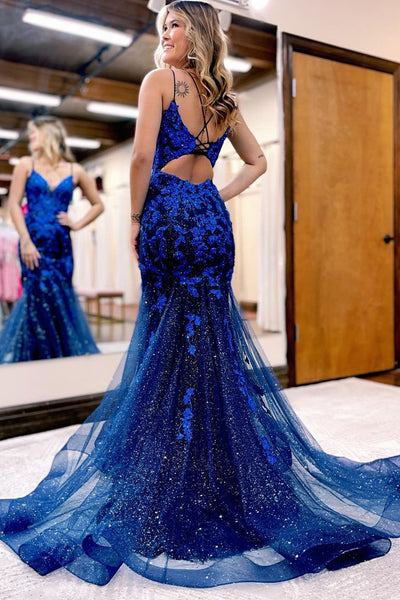 Cute Sparkly Mermaid V Neck Navy Blue Tulle Long Prom Dress with Appliques VL122332