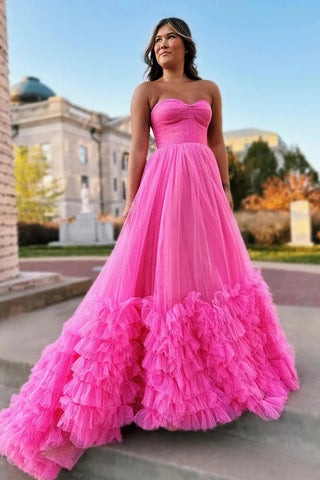 Hot Pink Corset Sweetheart A-Line Long Prom Dress with Ruffles VL011320