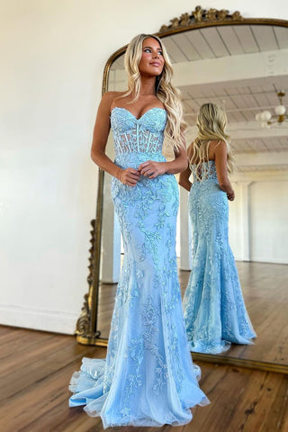 Cute Mermaid Sweetheart Light Blue Lace Long Prom Dress with Appliques VL122328