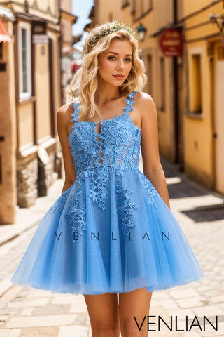 A-Line Sweetheart Blue Tulle Appliques Short Homecoming Dresses VL4072110