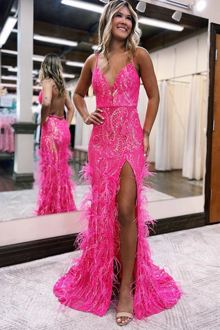 Charming Mermaid V Neck Hot Pink Sequins Long Prom Dress with Feather VL010305