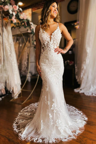 Elegant Mermaid V Neck Tulle Lace Wedding Dress with Appliques VLWD011702