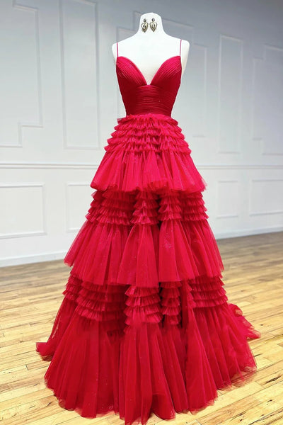 Red Tulle Spaghetti Straps Long Prom Dress VL011245