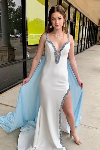 Cute Mermaid V Neck White Satin Long Prom Dress with Beading VL122803