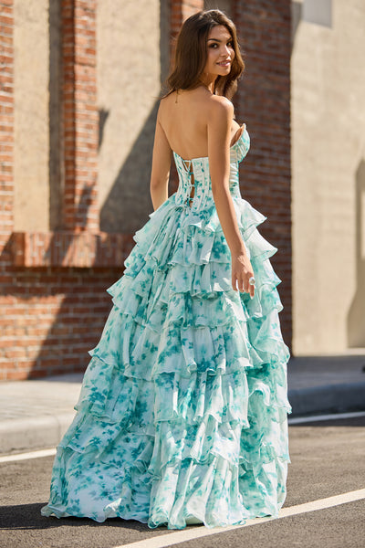 A Line Sweetheart Sage Chiffon Tiered Prom Dress with Slit VL25122105
