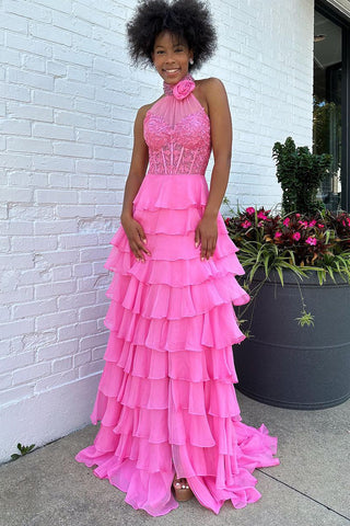 Cute Sheath Halter Pink Chiffon Tiered Prom Dress with Lace VL122309