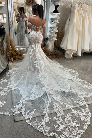 Sexy Mermaid Off the Shoulder Lace Wedding Dresses with Train VL4060402