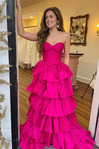 Fuchsia Strapless Layers A-line Long Prom Dress VL012011