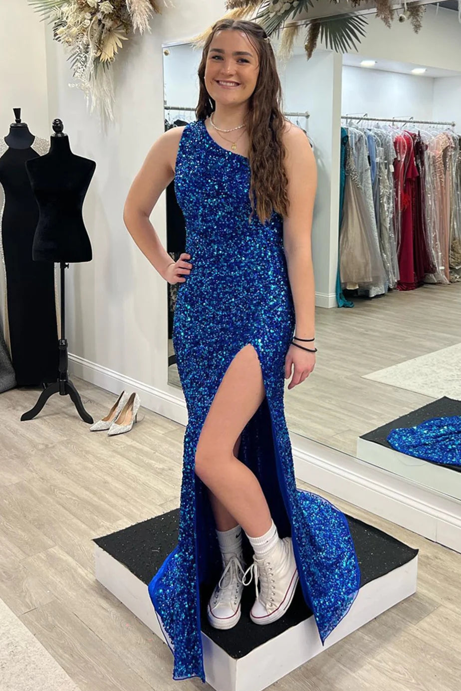 Royal Blue Mermaid One Shoulder Sequins Long Prom Dress with Slit VL011623