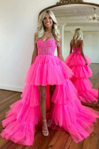 A Line High Low Sweetheart Hot Pink Corset Prom Dress with Appliques VL011608