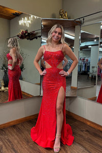 Cute Mermaid Straps Red Satin Long Prom Dress with Hot Stone Beading VL24120605