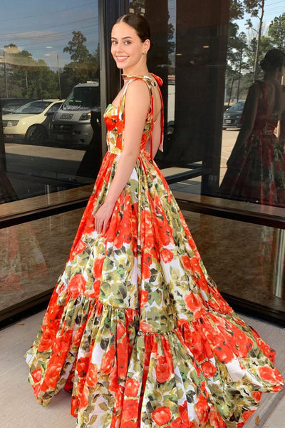 Floral Printed Satin Sweetheart Long Prom Dresses VL022804