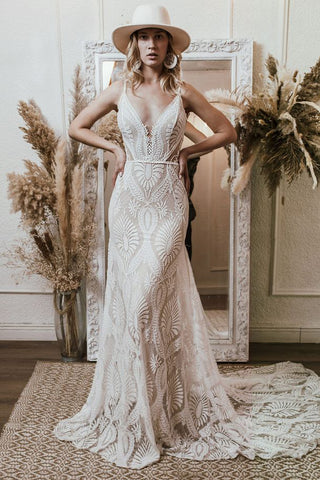 Bohemian Mermaid V Neck Lace Wedding Dress