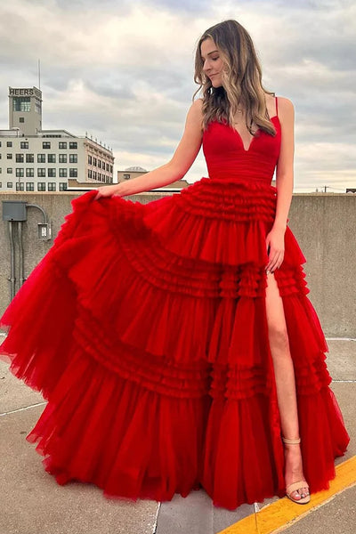 Red Tulle Spaghetti Straps Long Prom Dress VL011245