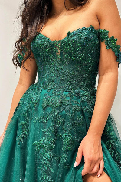 Cute A Line Off the Shoulder Dark Green Sparkly Tulle Long Prom Dress VL123004