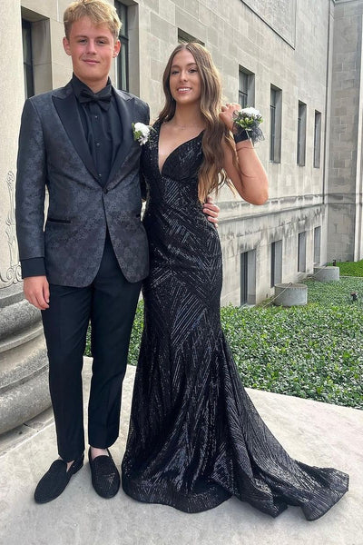 Sexy Mermaid V Neck Black Sequins Long Prom Dresses VL4063006