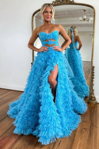 Blue Cute A-Line Sweetheart Long Tiered Tulle Prom Dress With Split VL011909