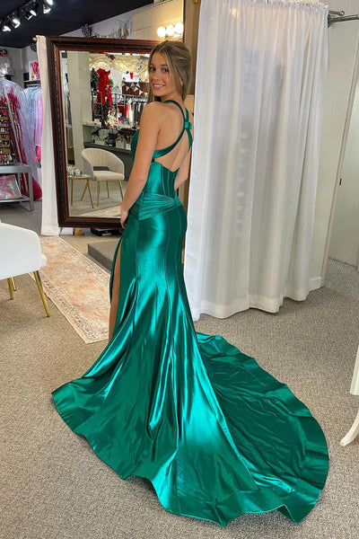 Elegant Mermaid V Neck Green Silk Satin Prom Dress with Slit VL25011303