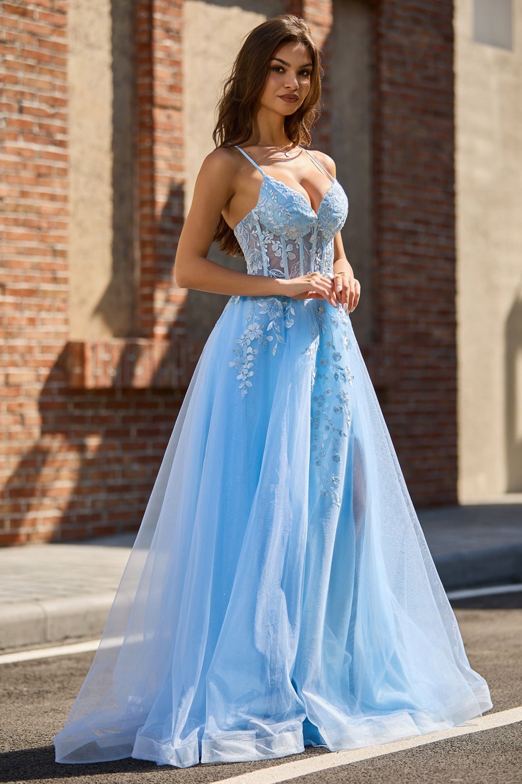 A Line V Neck Light Blue Tulle Slit Prom Dress with Appliques