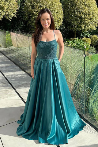 Green A-line Beaded Lace-Up Back Satin Long Prom Dress VL011625