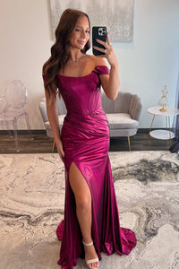 Fashion Mermaid Off the Shoulder Fuchsia Satin Slit Prom Dress VL24120911