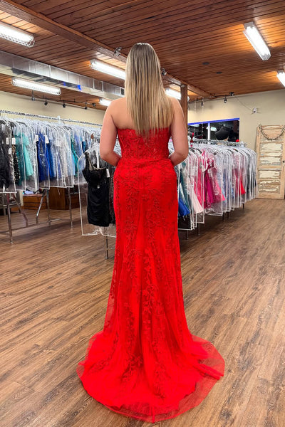 Cute Mermaid Scoop Neck Red Lace Prom Dress with Appliques VL24122503