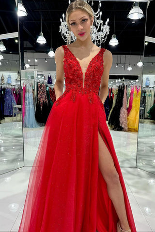 A-Line V Neck Red Tulle Long Prom Dress with Pockets VL021701