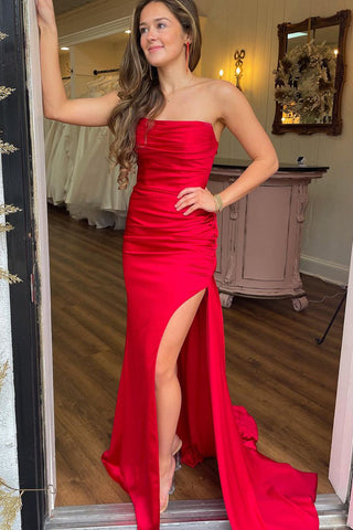 Cute Mermaid Straps Red Satin Long Prom Dress with Slit VL122606