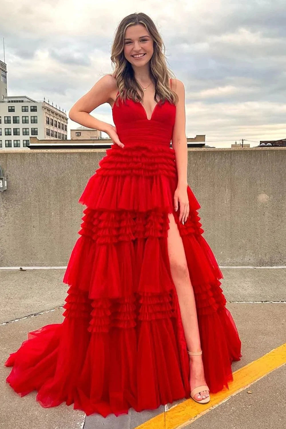 Red Tulle Spaghetti Straps Long Prom Dress VL011245