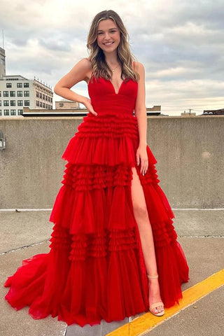 Red Tulle Spaghetti Straps Long Prom Dress VL011245