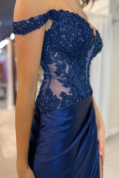 Elegant Mermaid Off the Shoulder Navy Slit Prom Dress with Appliques VL25010204