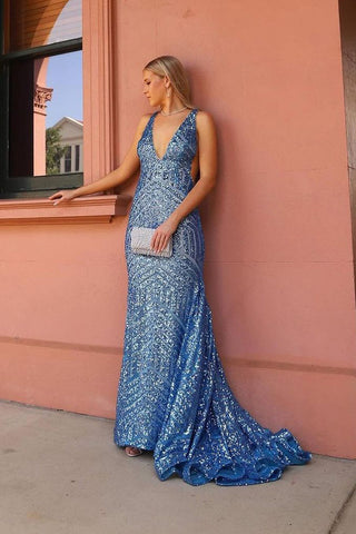 Mermaid V Neck Dark Blue Sequins Long Prom Dress VL012607