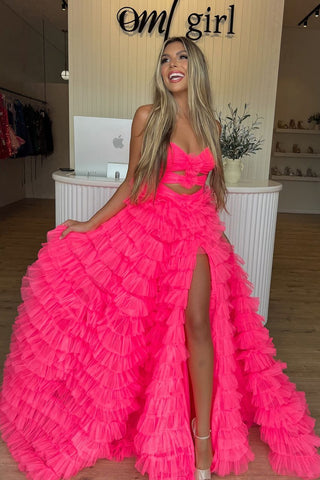 Cute Ball Gown Sweetheart Hot Pink Tulle Long Prom Dresses VK24100809