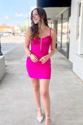 V Neck Pink Satin Short Tight Homecoming Dresses with Beading VL24071011